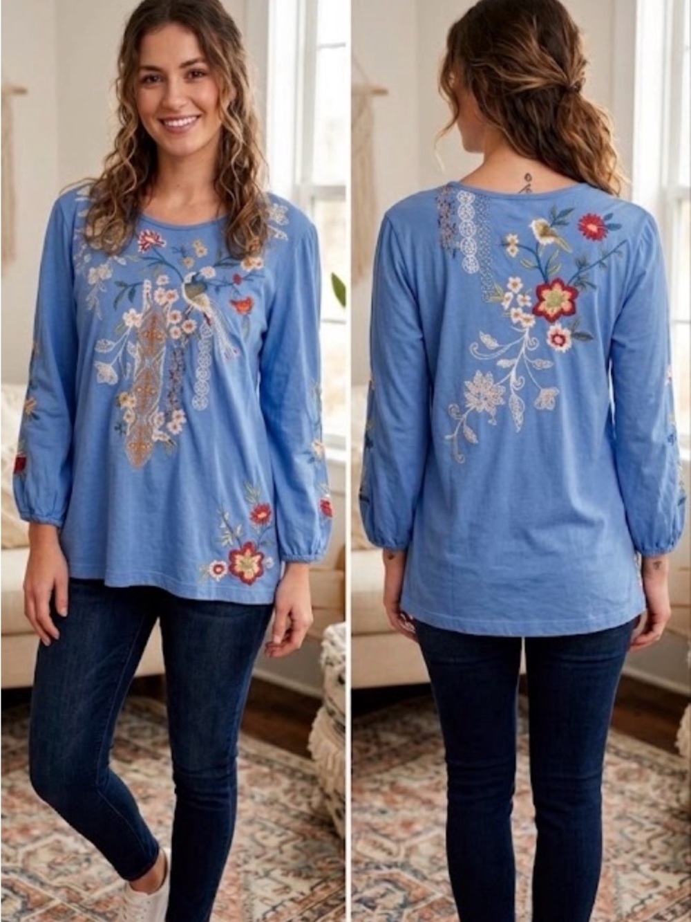 Johnny Was Blue Floral Bird Embroidered Long Sleeve Tunic Top
